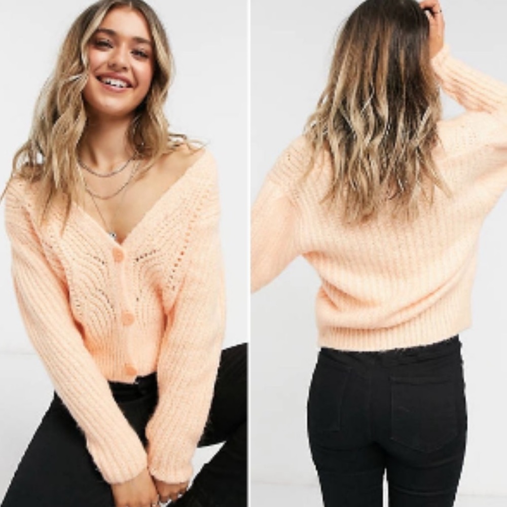 NWT $65 Topshop Knitted Pointelle Cardigan In Peach Orange Size 4-6 UK S